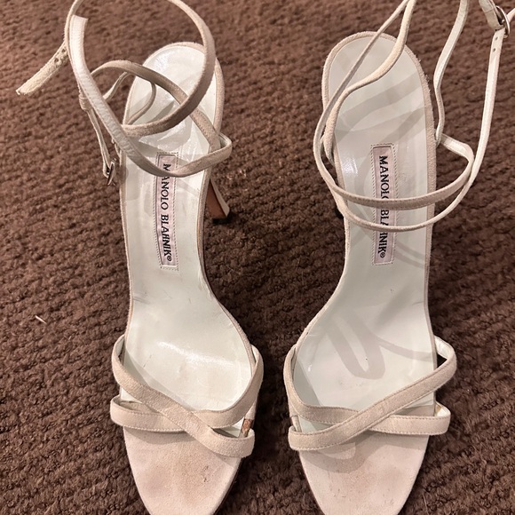 Manolo Blahnik Pistachio Suede Heels with Strappy Design and High Thin Heel - Picture 6 of 6